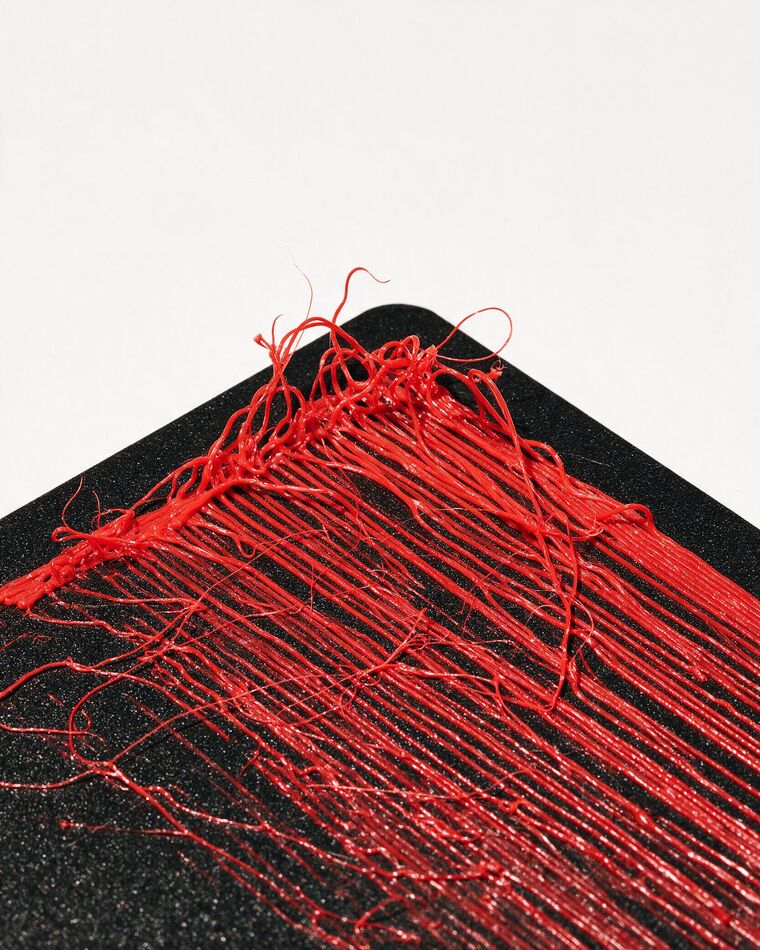 A red first layer that lifted off the black print bed, leaving loose strands and gaps
