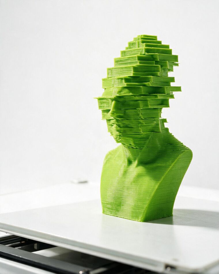 A green printed bust with a hard sideways layer shift running through it