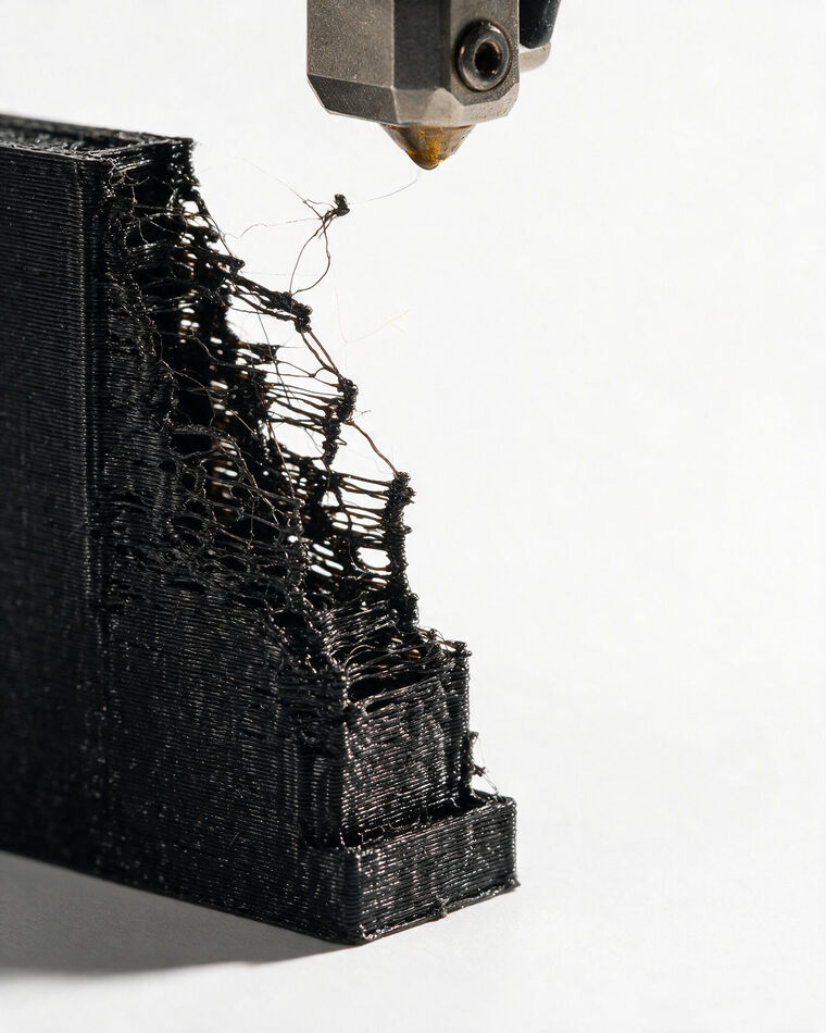A nozzle hanging over a black print, producing nothing but a thin wisp as the print starves out into loose strands