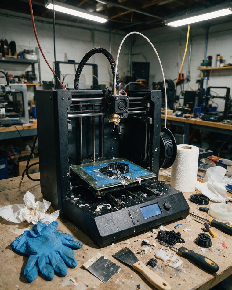 A 3D printer opened up on a workbench with its electronics exposed and tools laid out