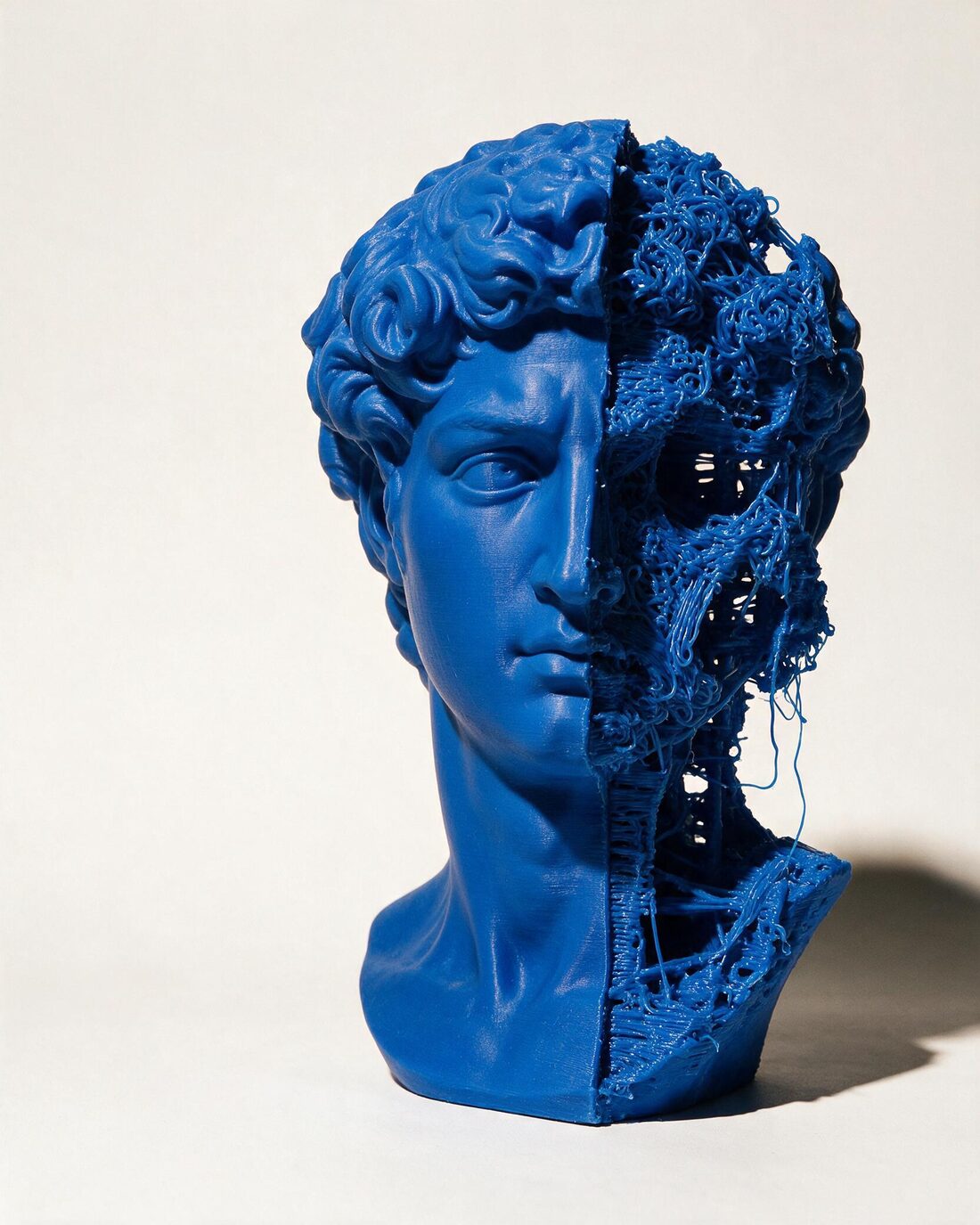 A blue printed bust of Michelangelo's David: one half flawless, the other half collapsed into a shell of loose stringing