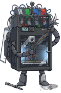 FIX3D mascot: a cartoon printer wrestling a tangled spool of filament